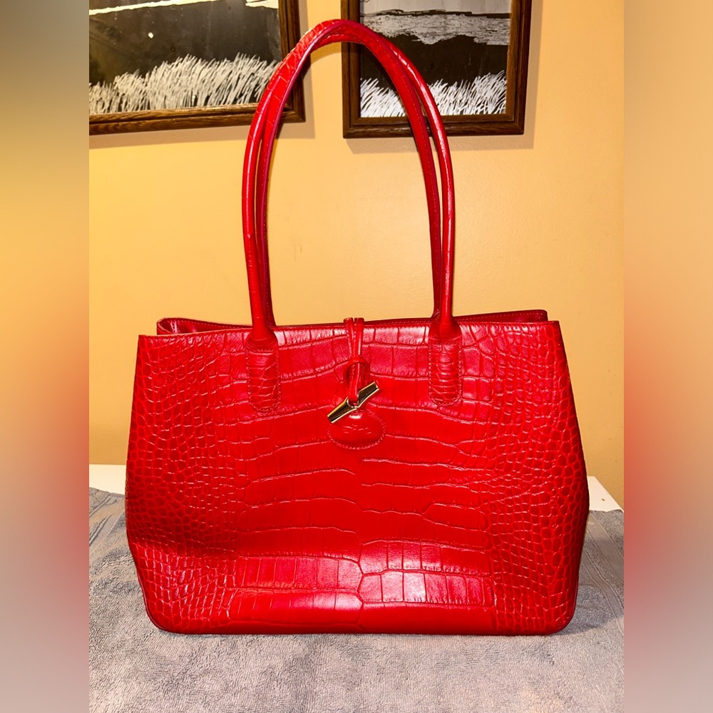 Longchamp red crocodile embossed handbag